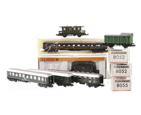 N Gauge Continental coaching stock by various makers: mostly in DB green livery, including bogie coaches by Arnold and Trix, 