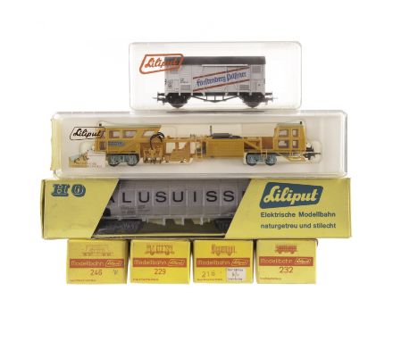 H0 Gauge rolling stock by Liliput: including Container wagon, Alusuisse, Esso tanker, bogie snowplough, (unpowered) tamping m