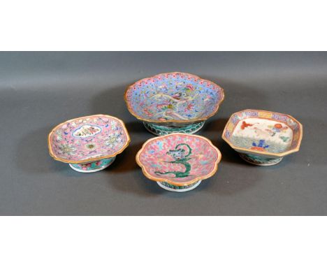 A 19th Century Chinese Pedestal Dish decorated in polychrome enamels together with three similar pedestal dishes all with iro