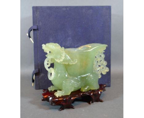 A 20th Century Chinese Jade Model in the form of a Jug with serpents head handle and hardwood stand with original box 13cm ta