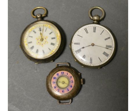A 935 Silver Cased Pocket Watch together with another pocket watch and a silver and enamel wrist watch