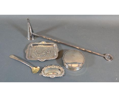 A Birmingham Silver Candle Snuffer together with a Birmingham silver small dish, a Sheffield silver small Box and Birmingham 