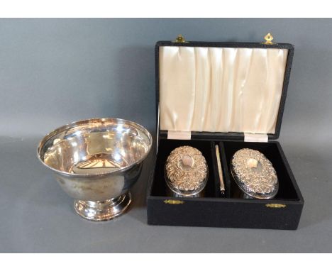A Birmingham Silver Pedestal Bowl 5oz inscribed the Officers HQ Singapore District together with a pair of Birmingham silver 