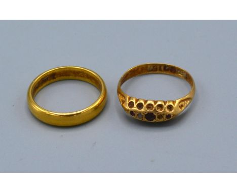 A 22ct Gold Wedding Band, 4.6 grams, together with a 18ct gold Ruby and Diamond ring, 2 grams 