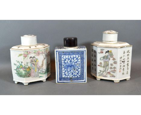 A Pair of Canton Hexagonal Tea Caddies Decorated in Polychrome enamels and script together with a similar underglaze blue dec