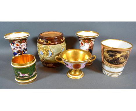 A Pair of 19th Century Spode Flared Rim Vases decorated in the Imari palette, 11 cms tall, together with a Flight and Barr Wo
