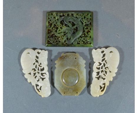 A Chinese Jade Small Panel together with a similar pair of Jade carvings and a rectangular pierced panel 