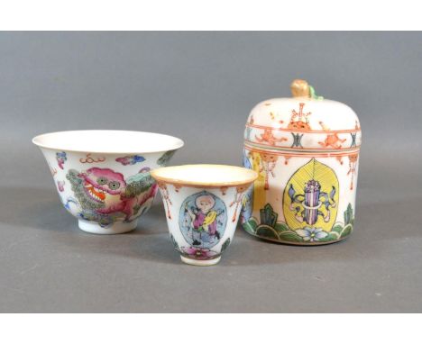 A Chinese Famille Rose Porcelain covered Wine Warmer with Wine Cup, Chien Lung Mark 9cm tall together with a similar Chinese 