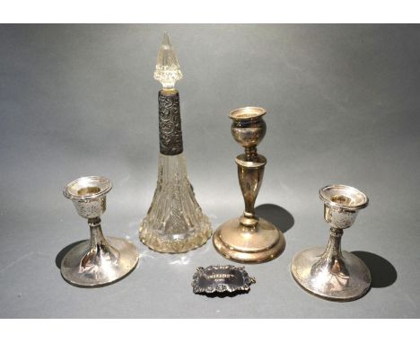 A Pair of Birmingham Silver Squat Candlesticks together with another similar Birmingham silver candlestick, a Birmingham silv