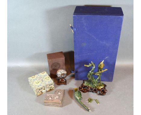 A Chinese Jade Carving in the Form of Birds with Hardwood Stand and Box together with a Chinese Box  and a soapstone carved d
