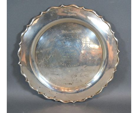 A George V Silver Presentation Salver, Sheffield 1917, 14 ozs. 26 cms diameter, presented to Lt. Cmdr. K. MacKenzie RN, HMS V