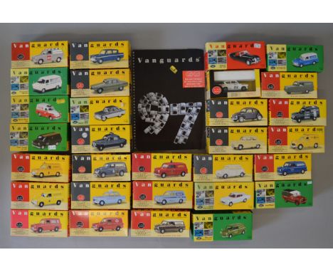 Thirty boxed Vanguards diecast model vehicles in 1:43 scale including cars and vans. Models overall appear G+ in G/G+ boxes. 