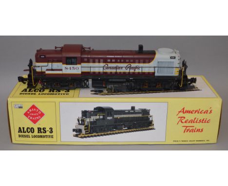 Gauge 1 / G scale. Aristocraft. Alco RS-3 diesel locomotive. Canadian Pacific livery. Overall F/G boxed. Missing handrail sta