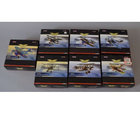 Seven boxed Corgi Aviation Archive diecast model aircraft in 1:48 scale including AA38102 'Sopwith Camel - W.G. Barker', all 