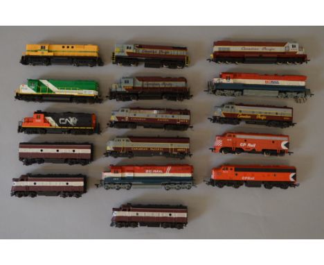 H0 scale. 14 x assorted Canadian Railways locomotives & power cars, various manufacturers. Overall F/G some repainting & slig