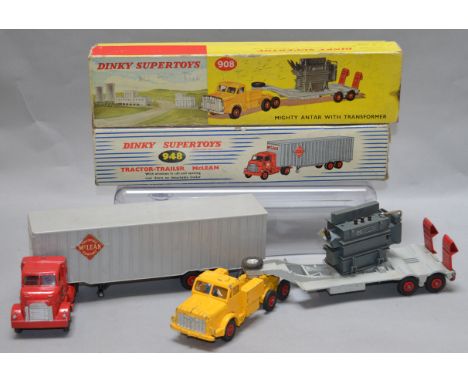Two boxed Dinky Toys diecast model trucks, a 908 Mighty Antar with Transformer, F with some damage to the transformer load in