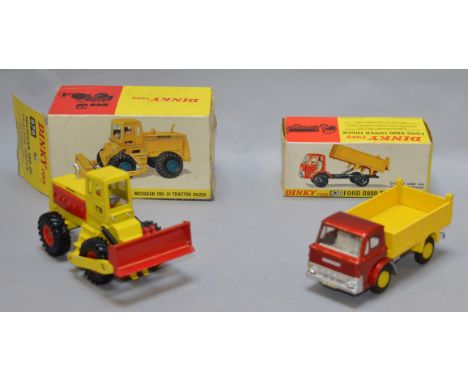 Two boxed Dinky Toys diecast model vehicles, a 438 Ford D800 Tipper Truck in metallic red/yellow, G+ in a G outer box and 976