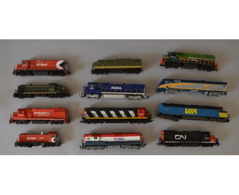 H0 scale. 12 x assorted Canadian Railways locomotives & power cars, various manufacturers. Overall F/G some repainting.