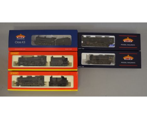 OO Gauge. Bachmann & Hornby 5 x locomotives. BR black 4F No.44454, BR black B1 class No.61869, BR black 8F class No.48706 wea