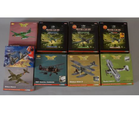 Eight boxed Corgi diecast model aircraft in 1:72 scale including AA35703 'Me262A-1a' and three models from the Corgi 'Predato