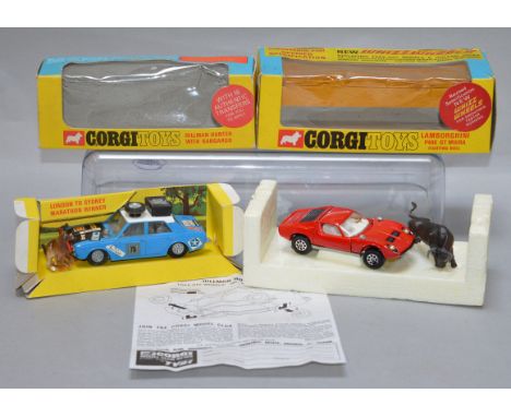 Two boxed Corgi Toys, 302 Hillman Hunter with Kangaroo, appears G/G+, with transfers already applied and comes with Kangaroo 