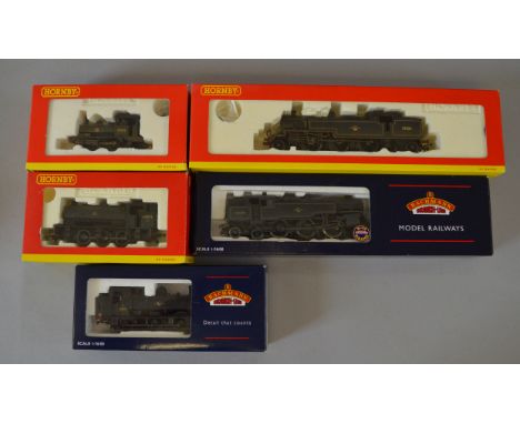 OO Gauge. Bachmann & Hornby 5 x locomotives. BR black 8750 pannier tank No.4466 weathered edition, BR black standard 4MT tank