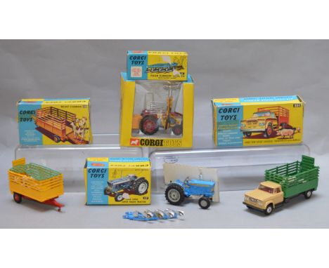 Five boxed Corgi Toy diecast model agricultural vehicles, 58, 61, 67 Ford 5000 Super Major Tractor, 73 Massey Ferguson 165 Tr