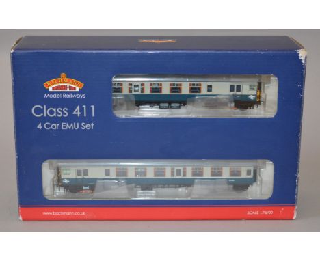 OO Gauge Bachmann, Class 411 4 car EMU set. BR blue / grey. G+ boxed, some handling wear.