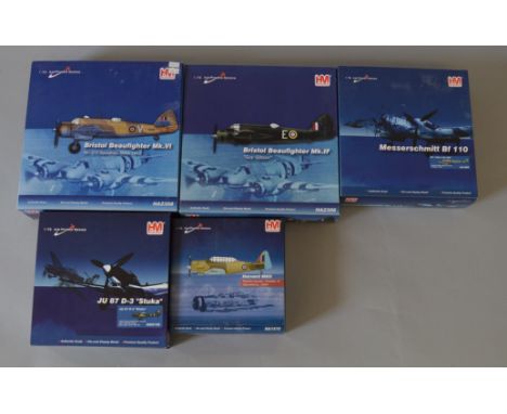 Five boxed Hobbymaster diecast model aircraft in 1:72 scale, including two versions of the Bristol Beaufighter and a  Messers