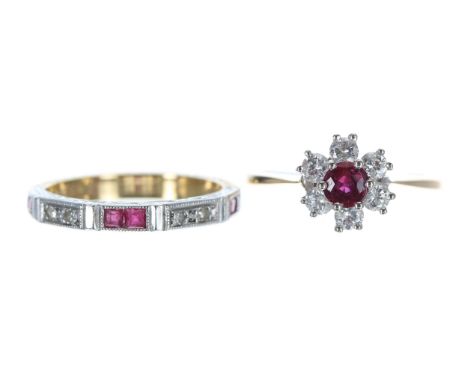 18ct ruby and diamond seven stone cluster ring, the ruby 0.20ct approx, 9mm, 2.7gm, ring size K; with an 18ct bicolour ruby a
