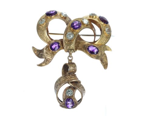 Victorian yellow metal bow design drop brooch, set with amethyst and chrysoberyl in an engraved mount, 9.2gm, 44mm wide 