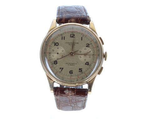 Suisse Chronographe 18ct gentleman's wristwatch, case no. 115xx, champagne dial, modern brown leather strap, 38mm (309)-Movem