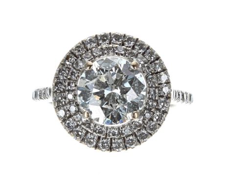 Good 18ct white gold round brilliant-cut diamond ring, the centre diamond 2.00ct approx, clarity I1, colour H, in a two row h