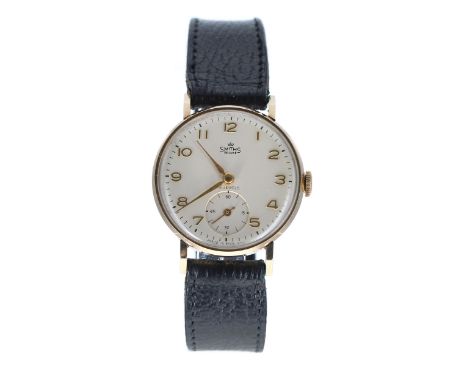 Smiths Deluxe 9ct gentleman's wristwatch, Birmingham 1954, circular silvered dial with gilt applied Arabic numerals, minute m
