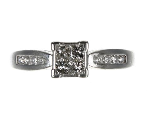 Modern platinum multi-cut diamond dress cluster ring, princess and round brilliant-cut, width 6.5mm, 6.2gm, ring size Q/R; wi