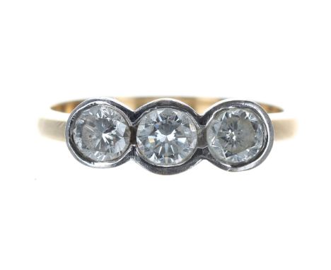 18ct three stone diamond ring, round brilliant-cut, 0.70ct approx in total, width 5mm, 3.2gm, ring size K 