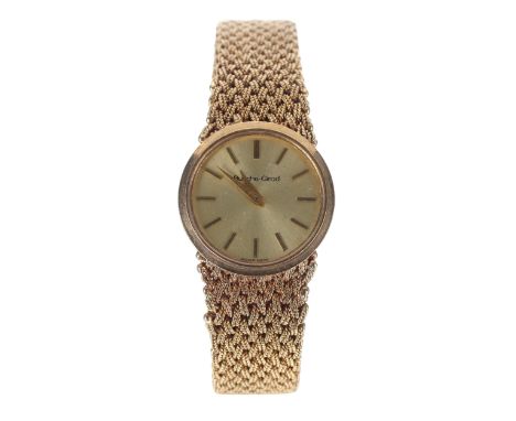 Bueche-Girod 9ct lady's wristwatch, champagne dial with applied baton markers, integral 9ct mesh link bracelet, 49.1gm, 24mm 