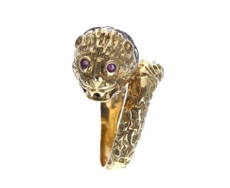ilias Lalaounis, Greece 18ct Chimera ring set with ruby eyes and a diamond collar,&nbsp;signed, no. A21, 11.3gm, ring size L/