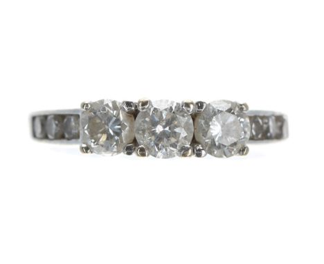 Modern 18ct white gold diamond three stone ring with set shoulders,&nbsp;0.85ct approx, width 4mm, 3.7gm, ring size L/M 