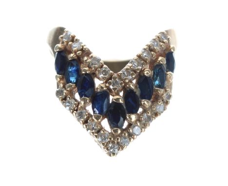 14ct wishbone design diamond and sapphire set ring,&nbsp;with a centre band of nine oval sapphires, 6.3gm, ring size J/K 