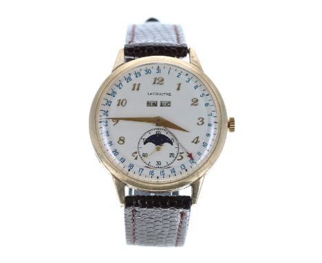 LeCoultre 10k gold filled triple calendar moonphase gentleman's wristwatch, circular silvered dial with gilt applied Arabic n