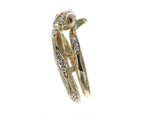 Unusual 18ct yellow gold snake design ring, with ruby set eyes and diamonds to the head and body, 6.9gm, width 12mm, ring siz