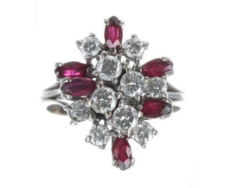 18ct white gold ruby &amp; diamond cluster ring, with ten round brilliant-cut diamonds, 0.80ct approx in total, 20mm x 15mm,&