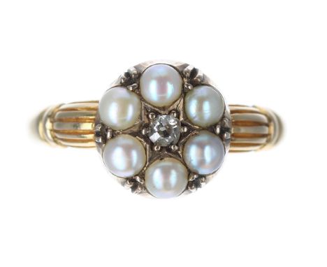 19th century 18ct pearl and diamond cluster mourning ring, the centre old-cut diamond in a border of six pearls, 11mm diamete