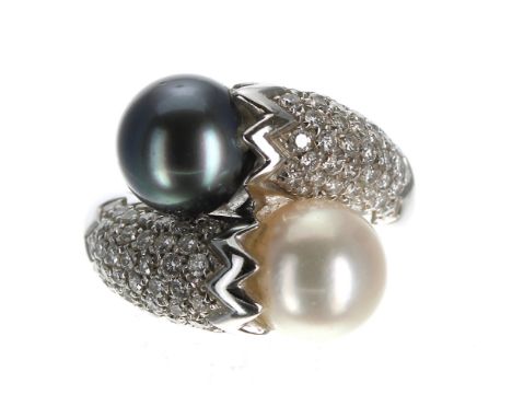 Modern 18ct white gold pavé diamond and Tahitian cultured pearl cross-over deign dress ring,&nbsp;round brilliant-cut diamond