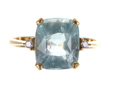 14k yellow gold aquamarine and diamond three stone ring, width 10mm, 2.5gm, ring size M