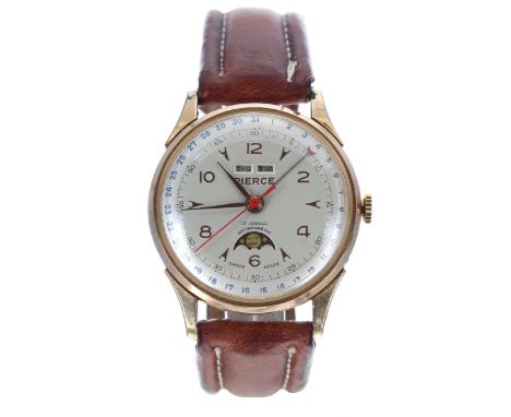 Pierce triple calendar with moon phase gold plated and stainless steel gentleman's wristwatch, circular silvered dial with gi