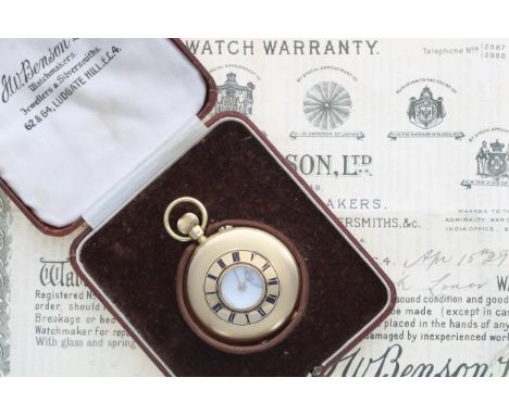 Good J.W Benson 'The Bank' 18ct half hunter pocket watch, London 1928, signed three quarter plate lever movement, no. S.3022,
