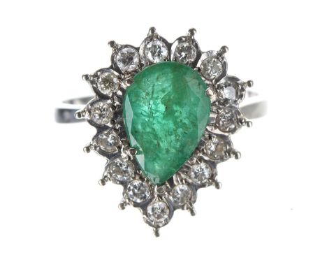 Pear shaped emerald and diamond cluster white metal cluster ring, the emerald 1.40ct approx in a setting of round brilliant-c