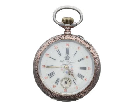 Continental silver (0.800) cylinder pocket watch, the bar movement stamped 'LS', inscribed hinged cuvette, the dial stamped '